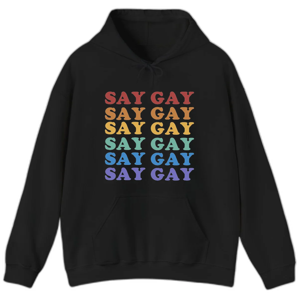 Repeating 'SAY GAY' text in rainbow colors from red to purple on gray background, pride statement design in Black