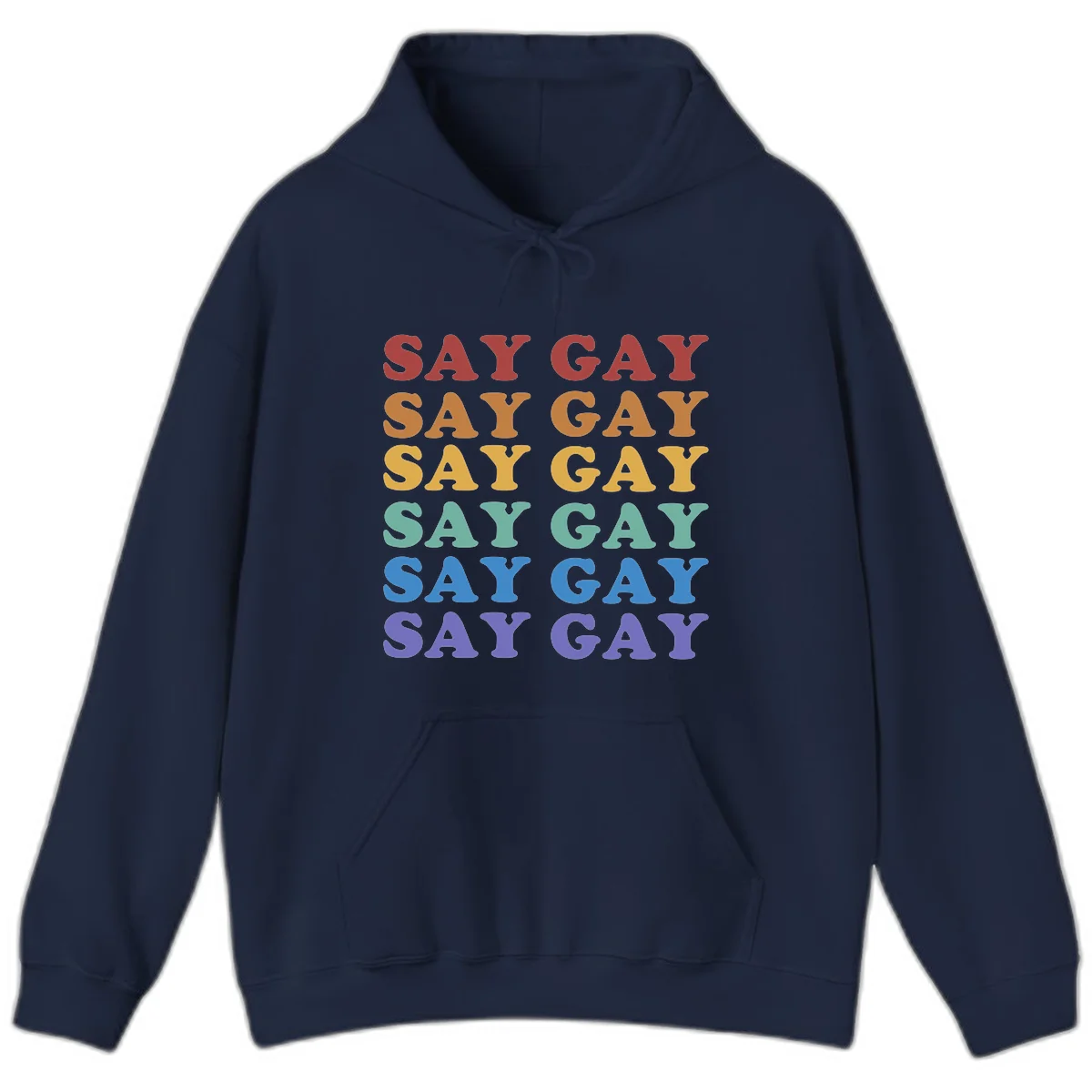 Repeating 'SAY GAY' text in rainbow colors from red to purple on gray background, pride statement design in Navy
