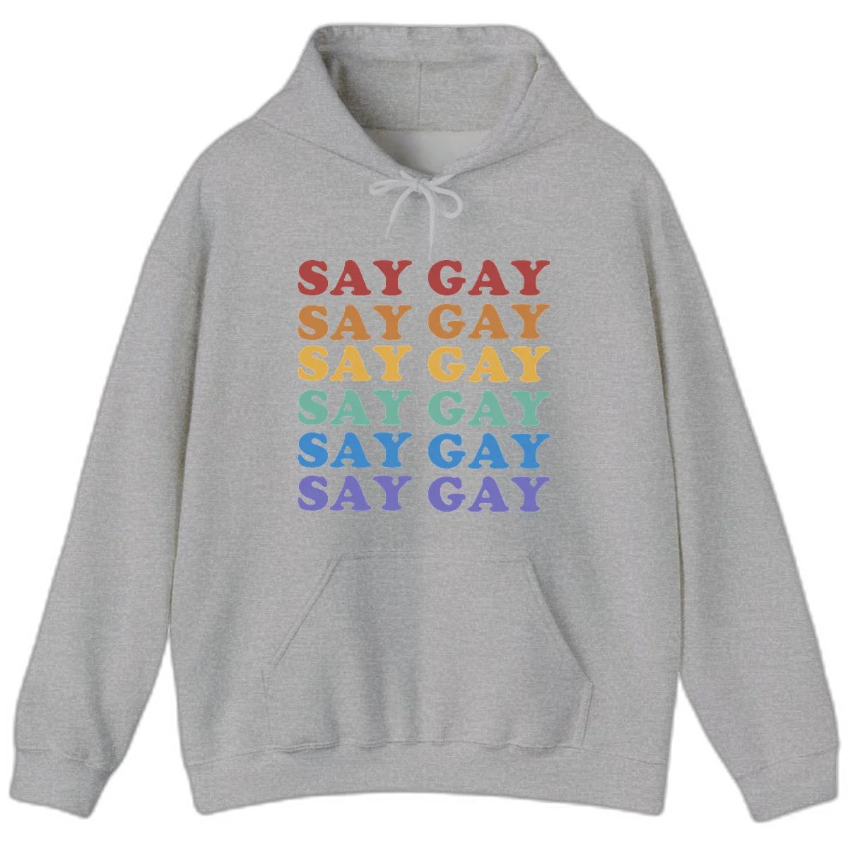 Repeating 'SAY GAY' text in rainbow colors from red to purple on gray background, pride statement design in Sport Grey