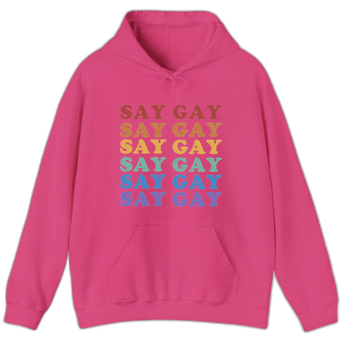 Repeating 'SAY GAY' text in rainbow colors from red to purple on gray background, pride statement design in Heliconia