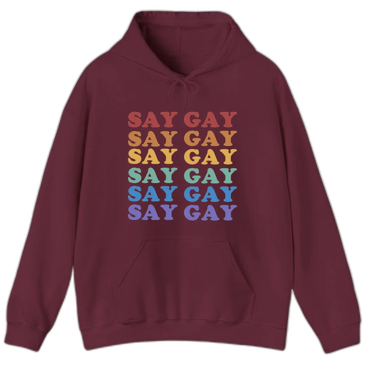 Repeating 'SAY GAY' text in rainbow colors from red to purple on gray background, pride statement design in Maroon