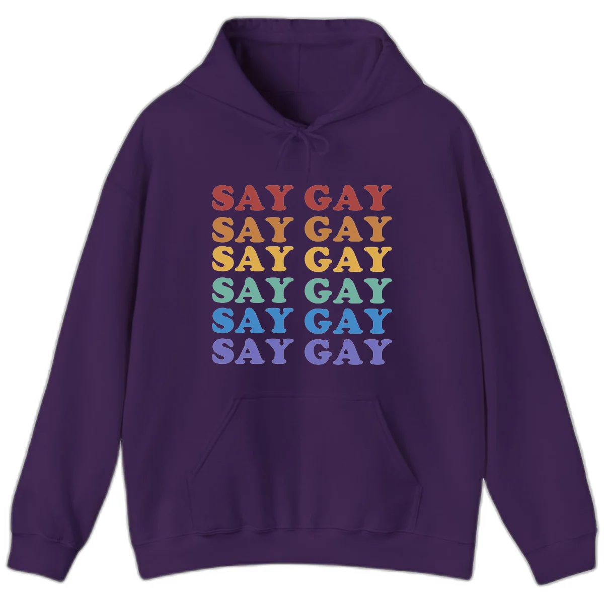 Repeating 'SAY GAY' text in rainbow colors from red to purple on gray background, pride statement design in Purple