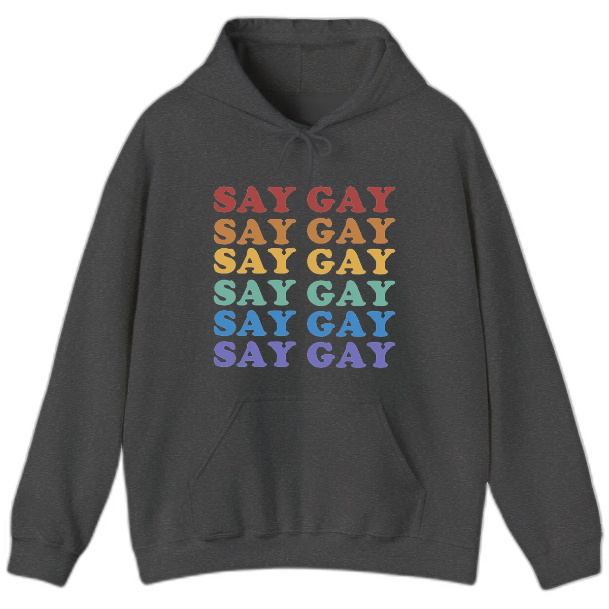 Repeating 'SAY GAY' text in rainbow colors from red to purple on gray background, pride statement design in Dark Heather