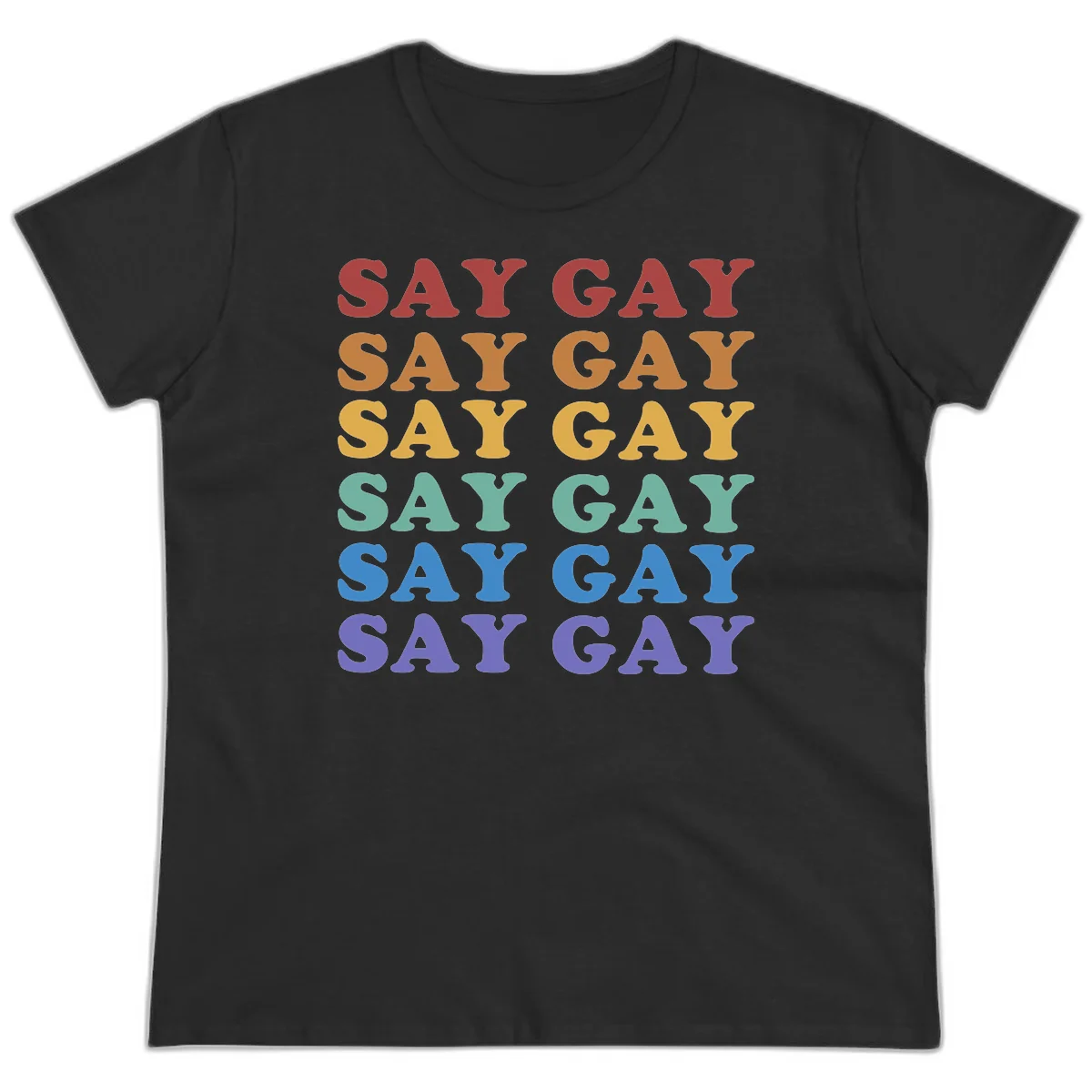 Repeating 'SAY GAY' text in rainbow colors from red to purple on gray background, pride statement design in Black