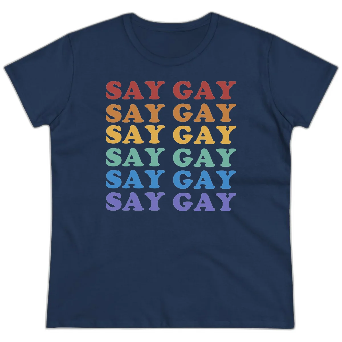 Repeating 'SAY GAY' text in rainbow colors from red to purple on gray background, pride statement design in Navy