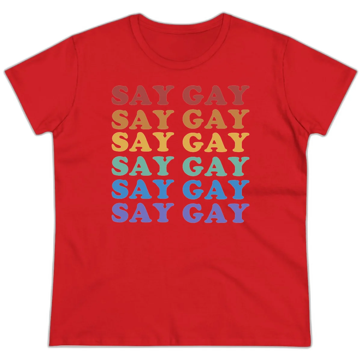 Repeating 'SAY GAY' text in rainbow colors from red to purple on gray background, pride statement design in Red