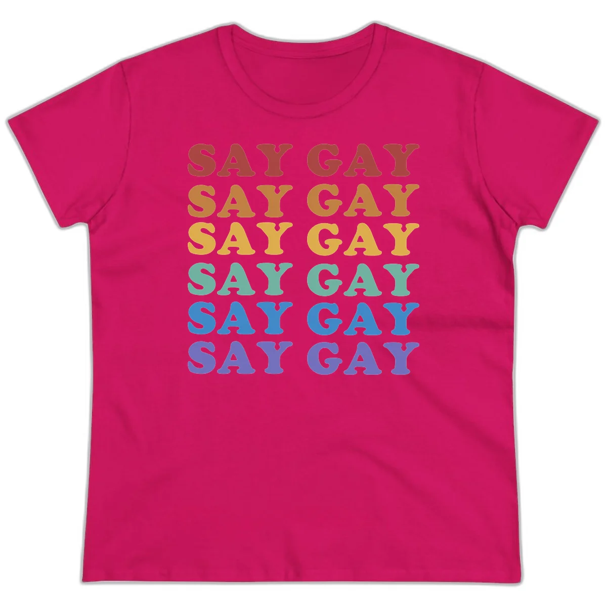 Repeating 'SAY GAY' text in rainbow colors from red to purple on gray background, pride statement design in Heliconia