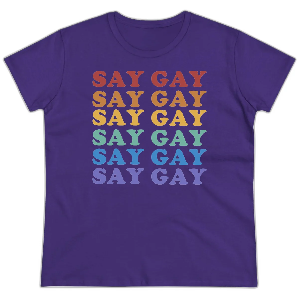 Repeating 'SAY GAY' text in rainbow colors from red to purple on gray background, pride statement design in Purple