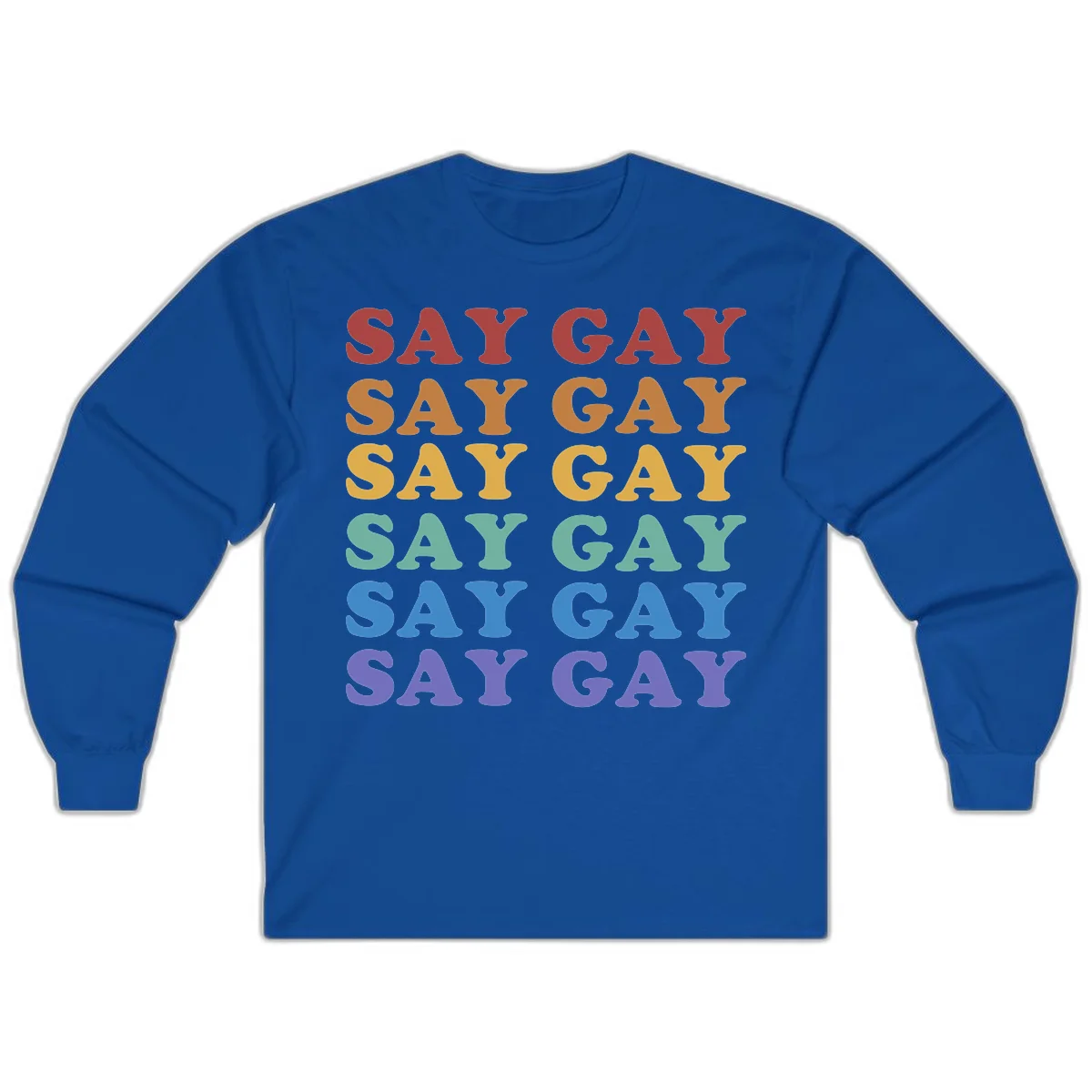 Repeating 'SAY GAY' text in rainbow colors from red to purple on gray background, pride statement design in Royal