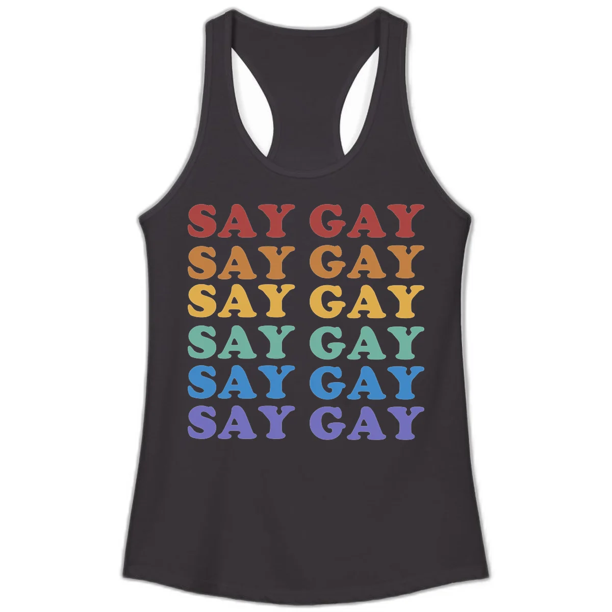 Repeating 'SAY GAY' text in rainbow colors from red to purple on gray background, pride statement design in Black