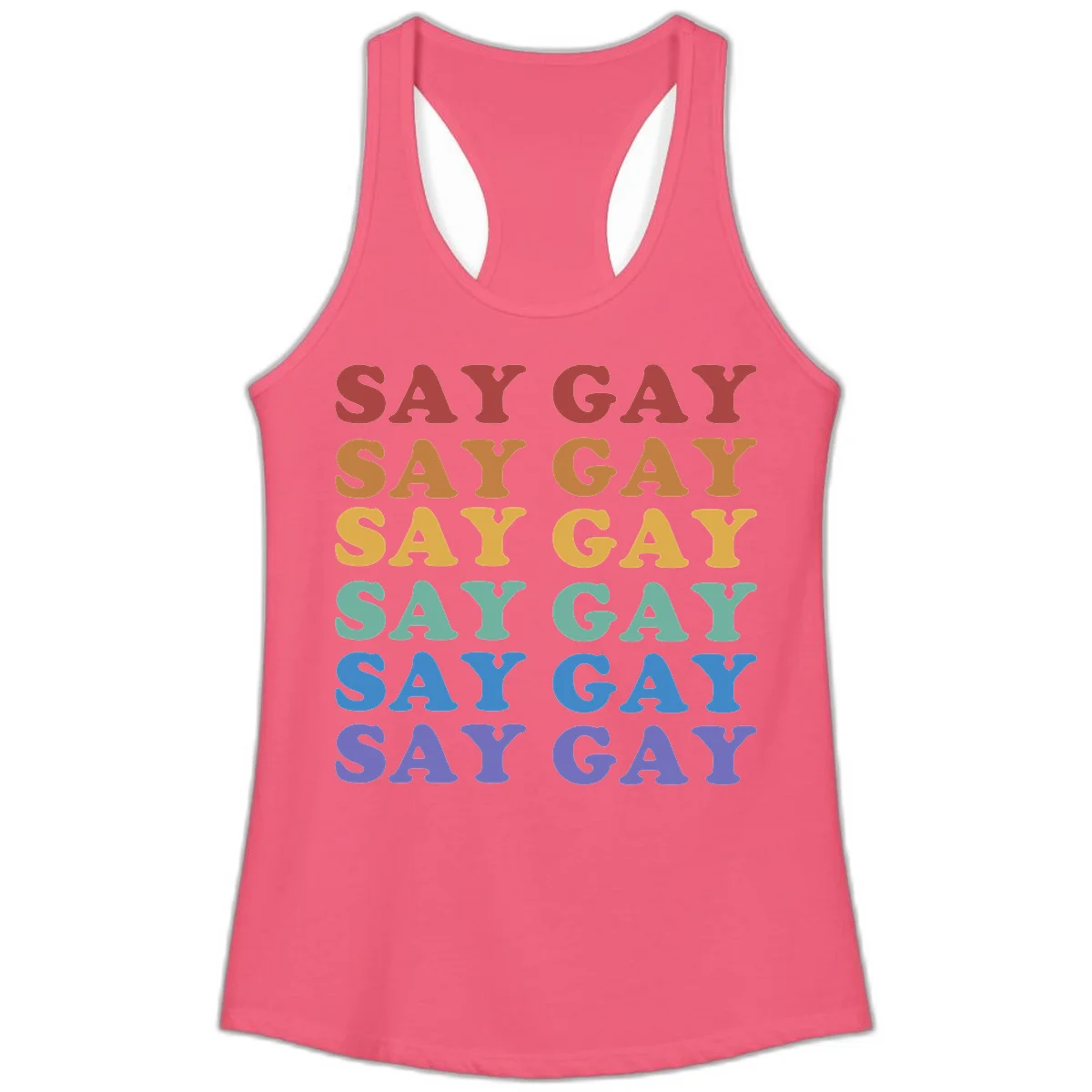 Repeating 'SAY GAY' text in rainbow colors from red to purple on gray background, pride statement design in Hot Pink