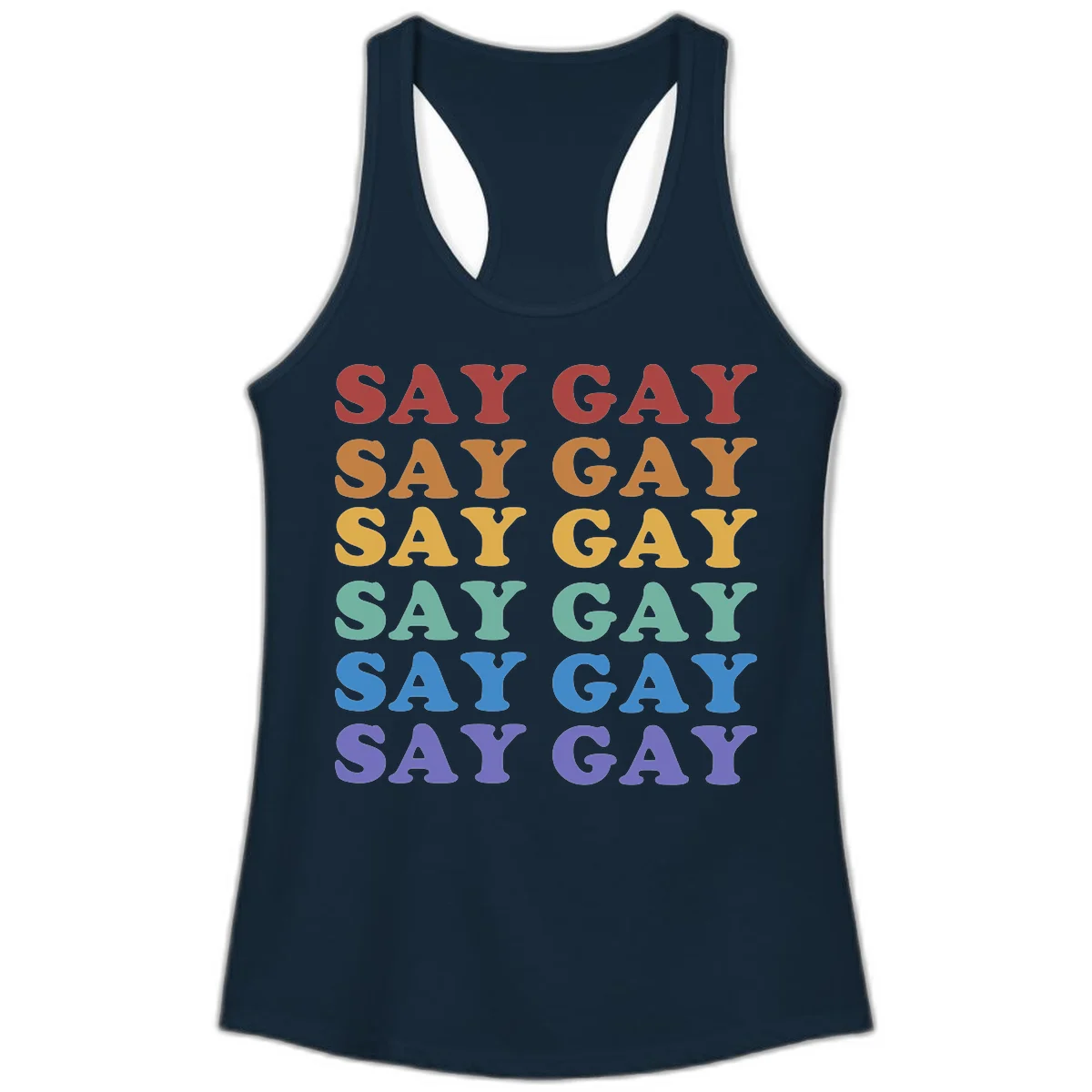 Repeating 'SAY GAY' text in rainbow colors from red to purple on gray background, pride statement design in Solid Midnight Navy