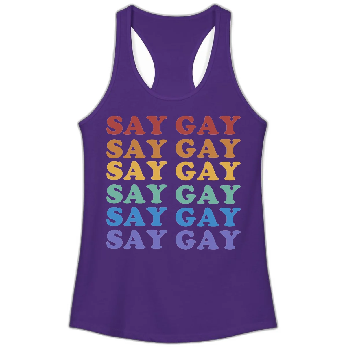 Repeating 'SAY GAY' text in rainbow colors from red to purple on gray background, pride statement design in Solid Purple Rush