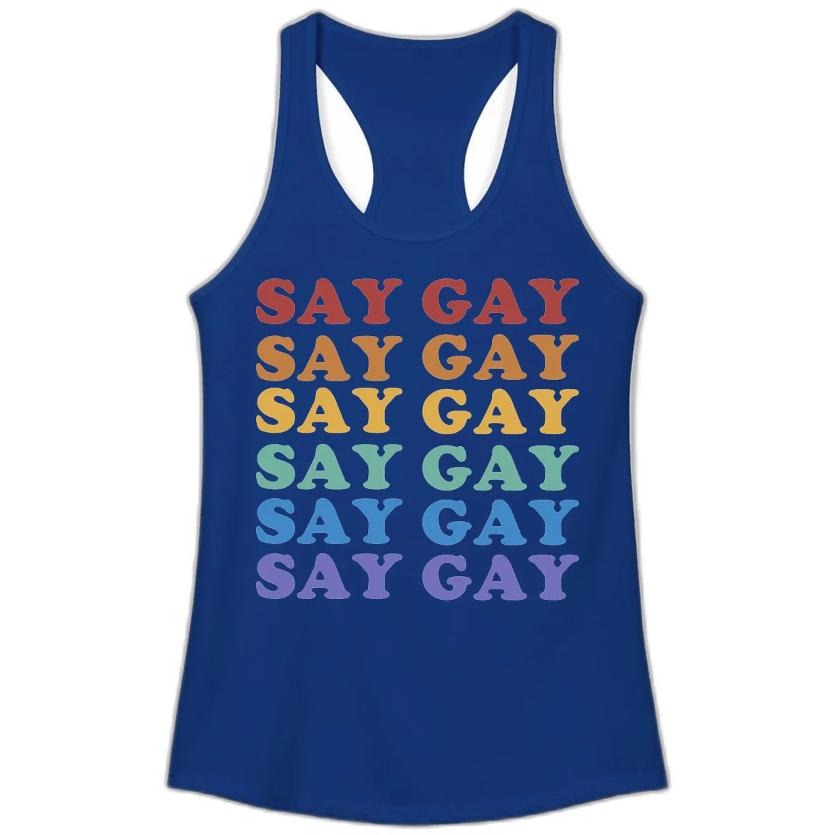 Repeating 'SAY GAY' text in rainbow colors from red to purple on gray background, pride statement design in Solid Royal