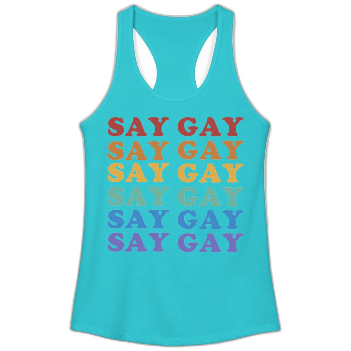 Repeating 'SAY GAY' text in rainbow colors from red to purple on gray background, pride statement design in Solid Tahiti Blue