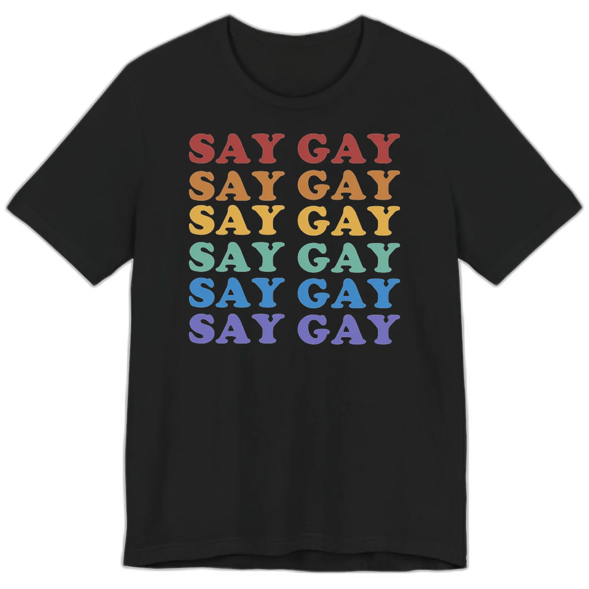 Repeating 'SAY GAY' text in rainbow colors from red to purple on gray background, pride statement design in Black