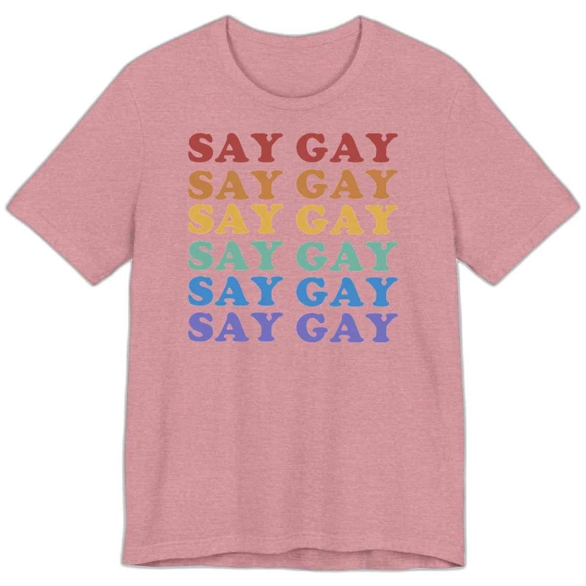 Repeating 'SAY GAY' text in rainbow colors from red to purple on gray background, pride statement design in Heather Orchid
