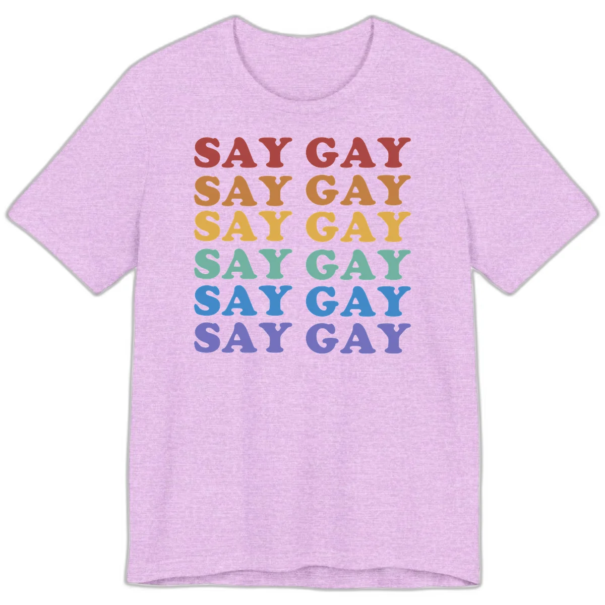 Repeating 'SAY GAY' text in rainbow colors from red to purple on gray background, pride statement design in Heather Prism Lilac