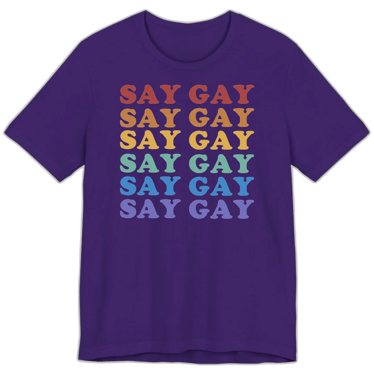 Repeating 'SAY GAY' text in rainbow colors from red to purple on gray background, pride statement design in Team Purple