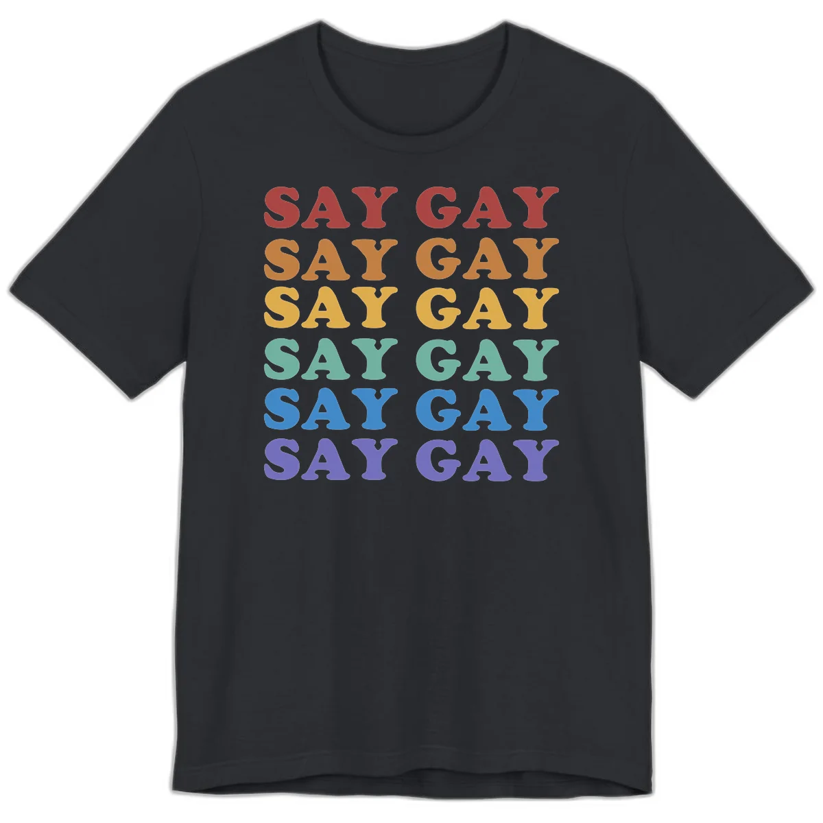 Repeating 'SAY GAY' text in rainbow colors from red to purple on gray background, pride statement design in Vintage Black