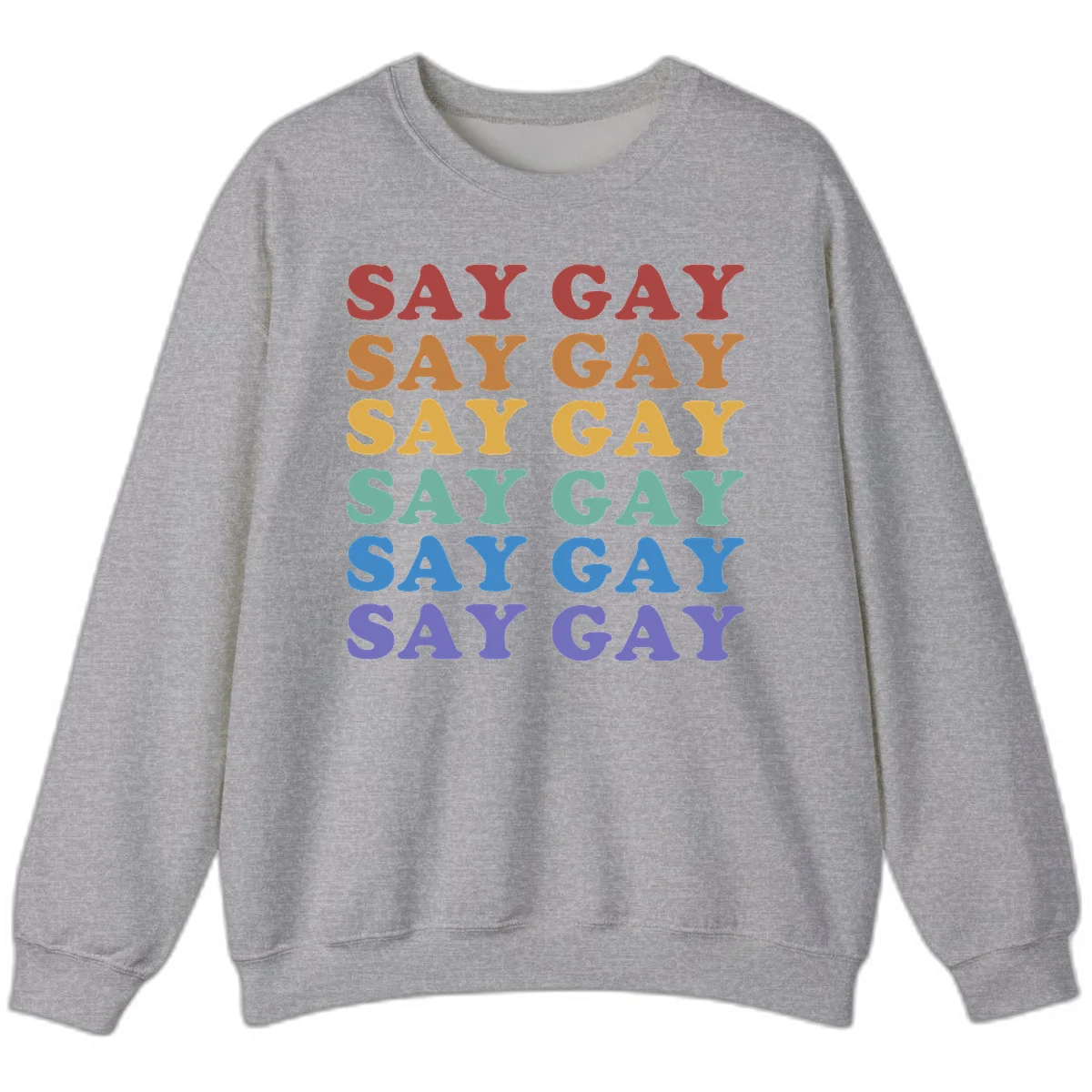 Repeating 'SAY GAY' text in rainbow colors from red to purple on gray background, pride statement design in Sport Grey