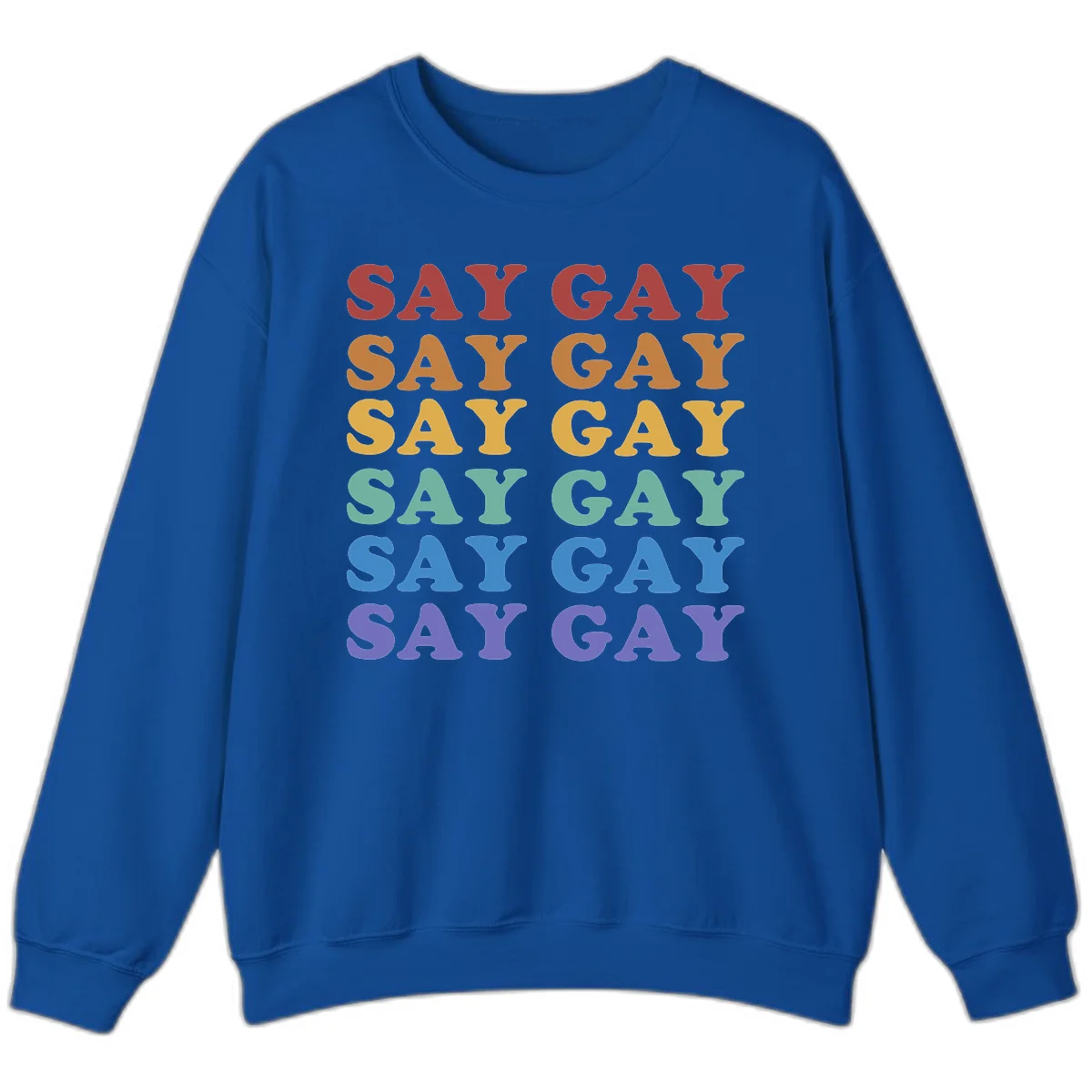 Repeating 'SAY GAY' text in rainbow colors from red to purple on gray background, pride statement design in Royal