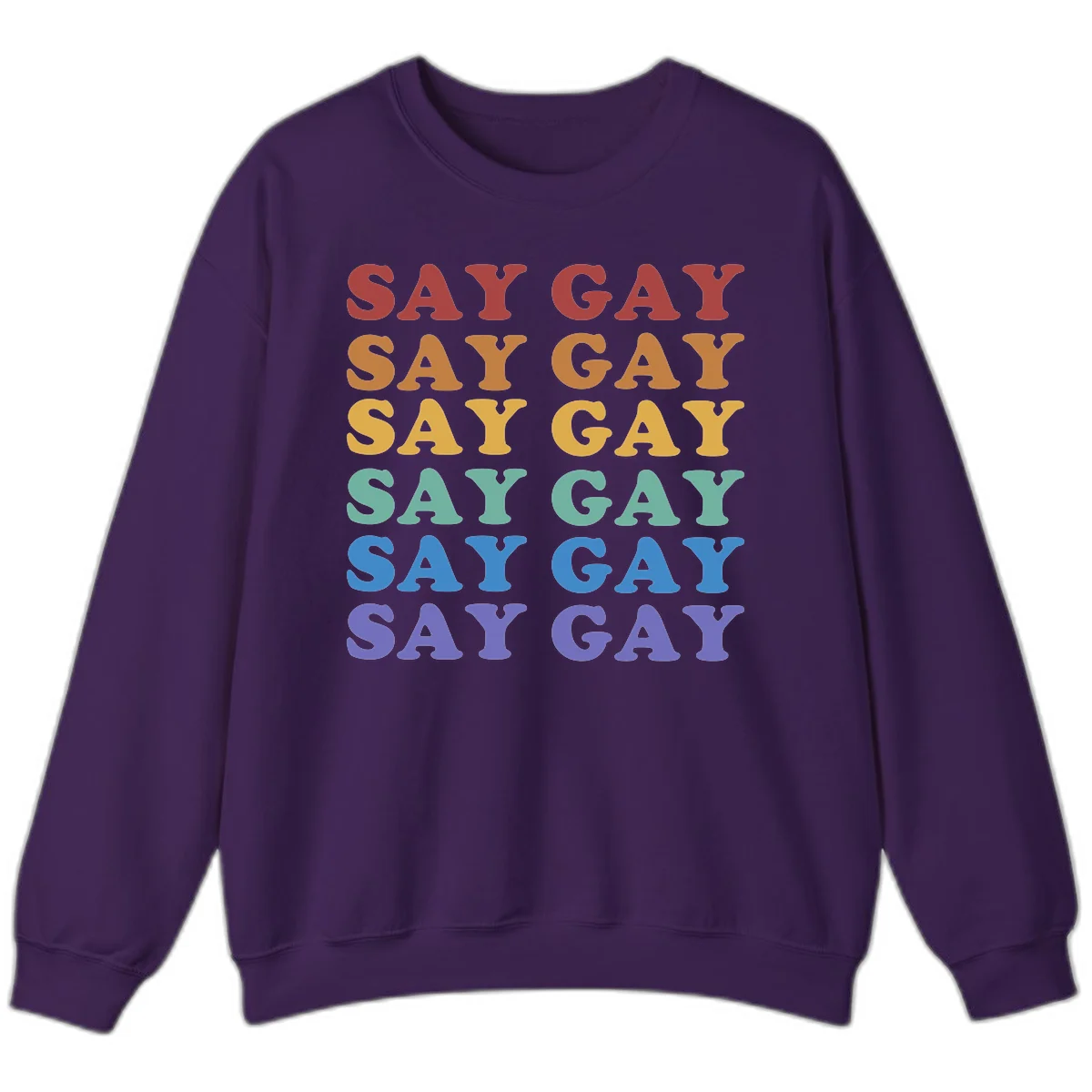 Repeating 'SAY GAY' text in rainbow colors from red to purple on gray background, pride statement design in Purple
