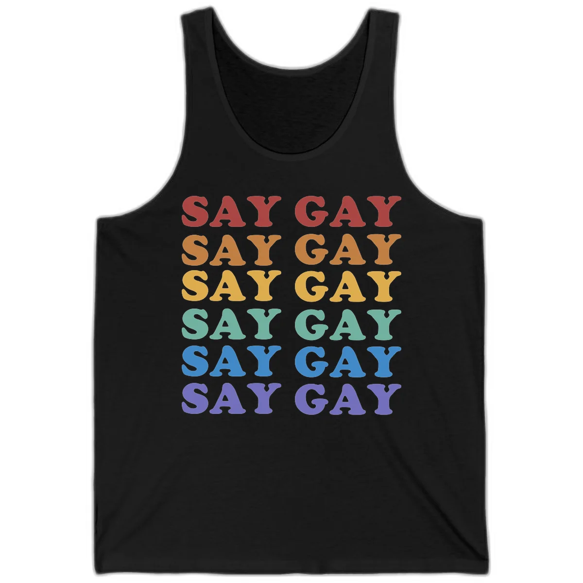 Repeating 'SAY GAY' text in rainbow colors from red to purple on gray background, pride statement design in Black