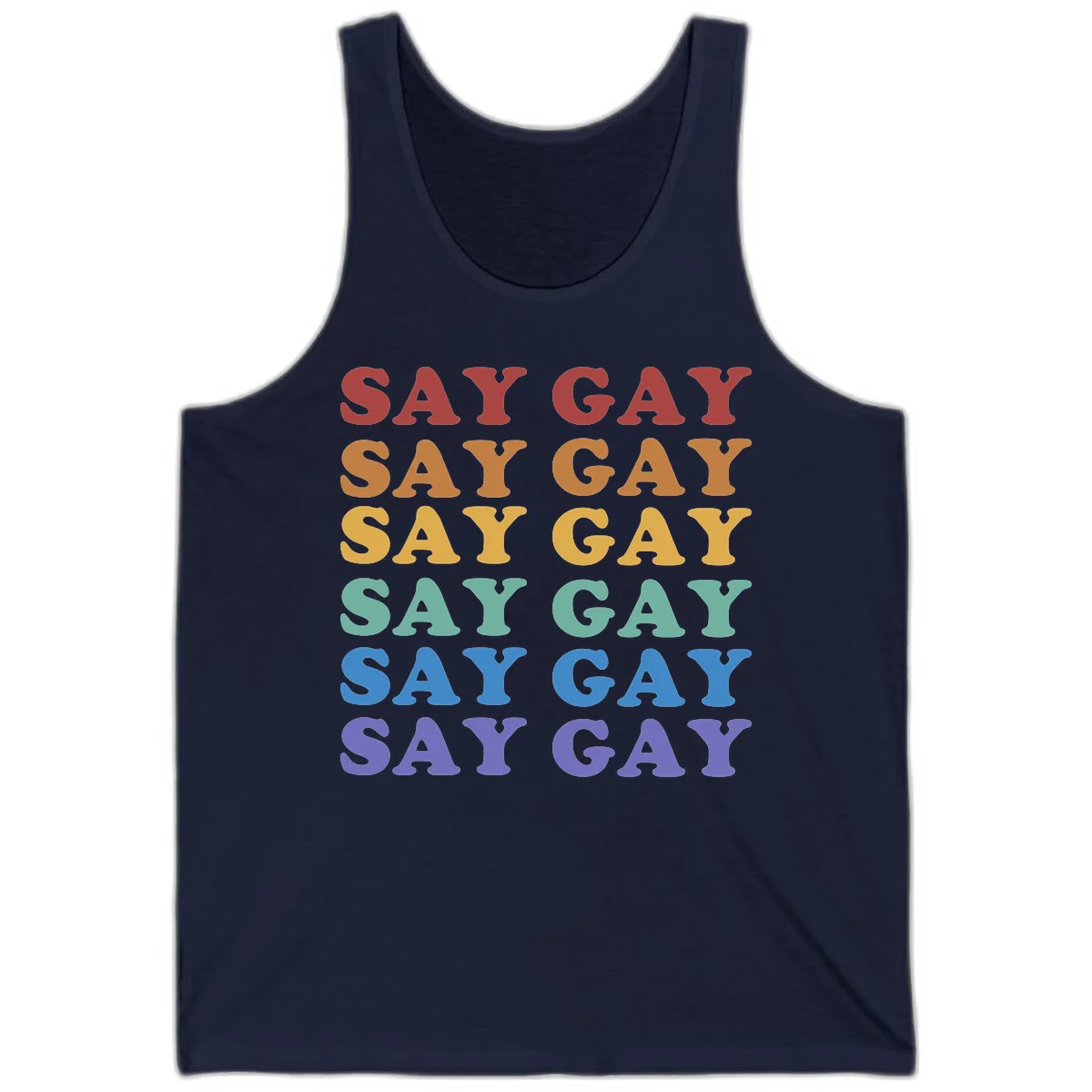 Repeating 'SAY GAY' text in rainbow colors from red to purple on gray background, pride statement design in Navy