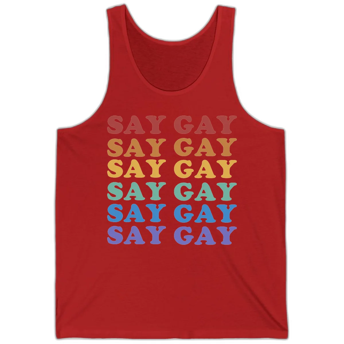 Repeating 'SAY GAY' text in rainbow colors from red to purple on gray background, pride statement design in Red