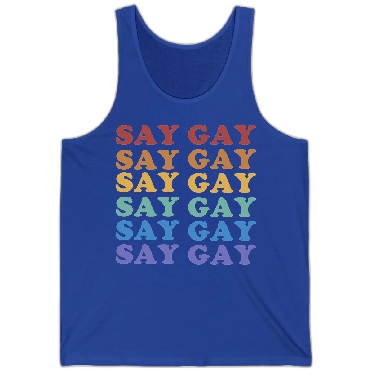 Repeating 'SAY GAY' text in rainbow colors from red to purple on gray background, pride statement design in True Royal