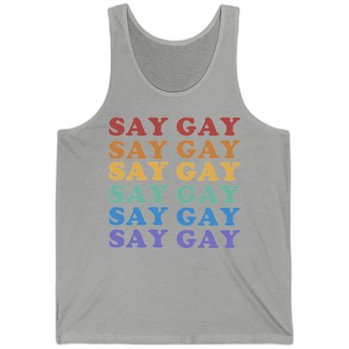 Repeating 'SAY GAY' text in rainbow colors from red to purple on gray background, pride statement design in Athletic Heather