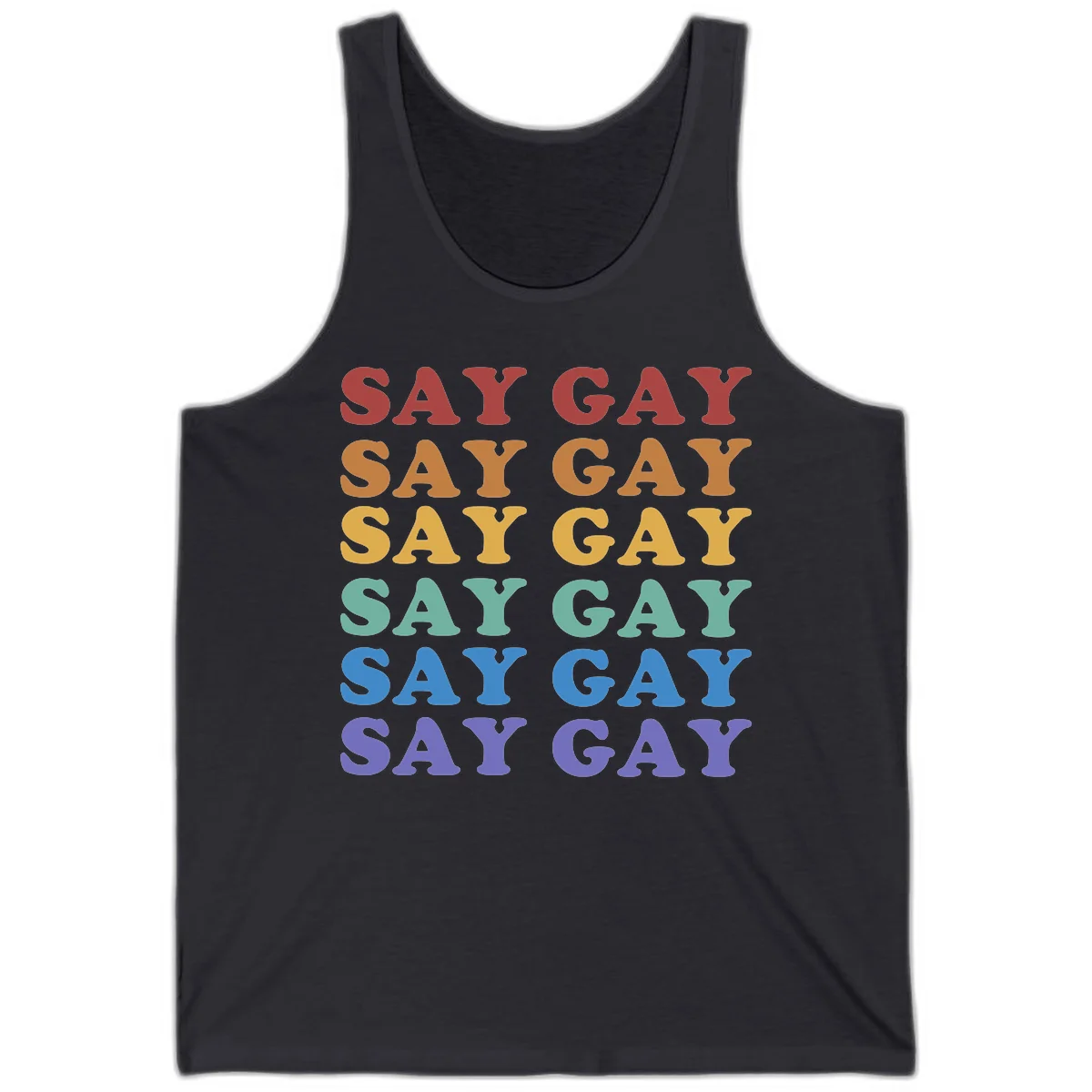 Repeating 'SAY GAY' text in rainbow colors from red to purple on gray background, pride statement design in Dark Grey