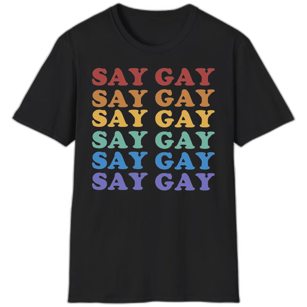 Repeating 'SAY GAY' text in rainbow colors from red to purple on gray background, pride statement design in Black