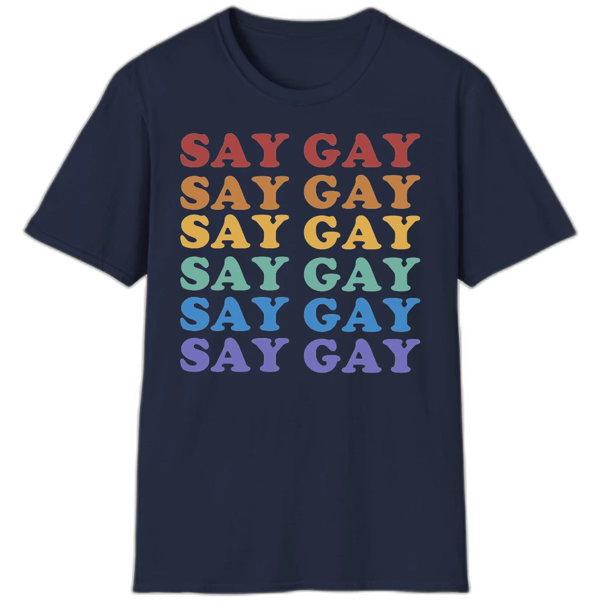 Repeating 'SAY GAY' text in rainbow colors from red to purple on gray background, pride statement design in Navy