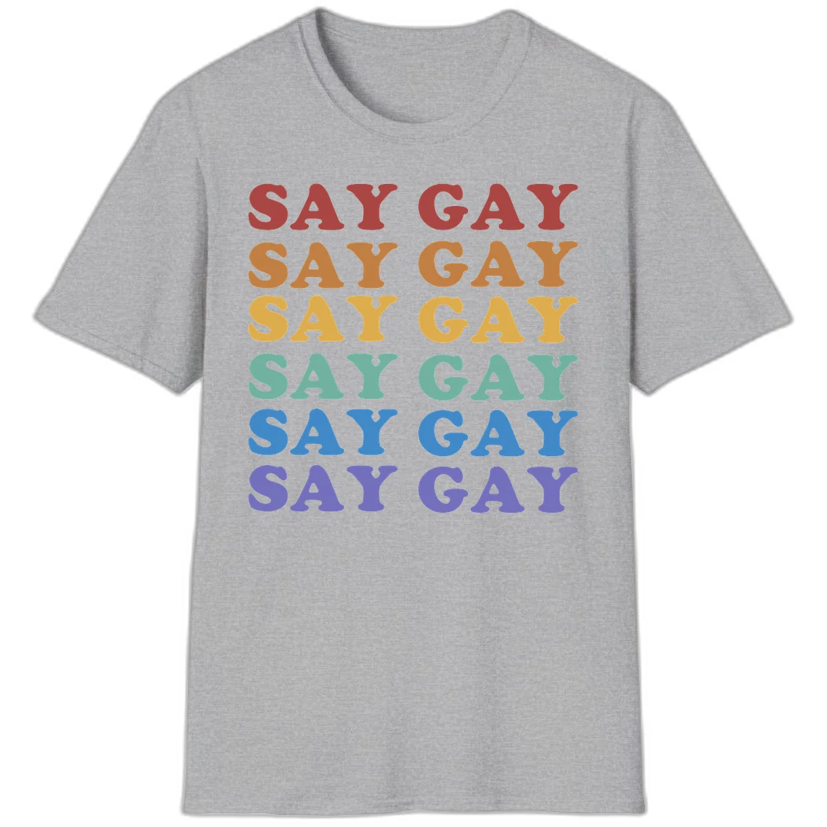 Repeating 'SAY GAY' text in rainbow colors from red to purple on gray background, pride statement design in Sport Grey