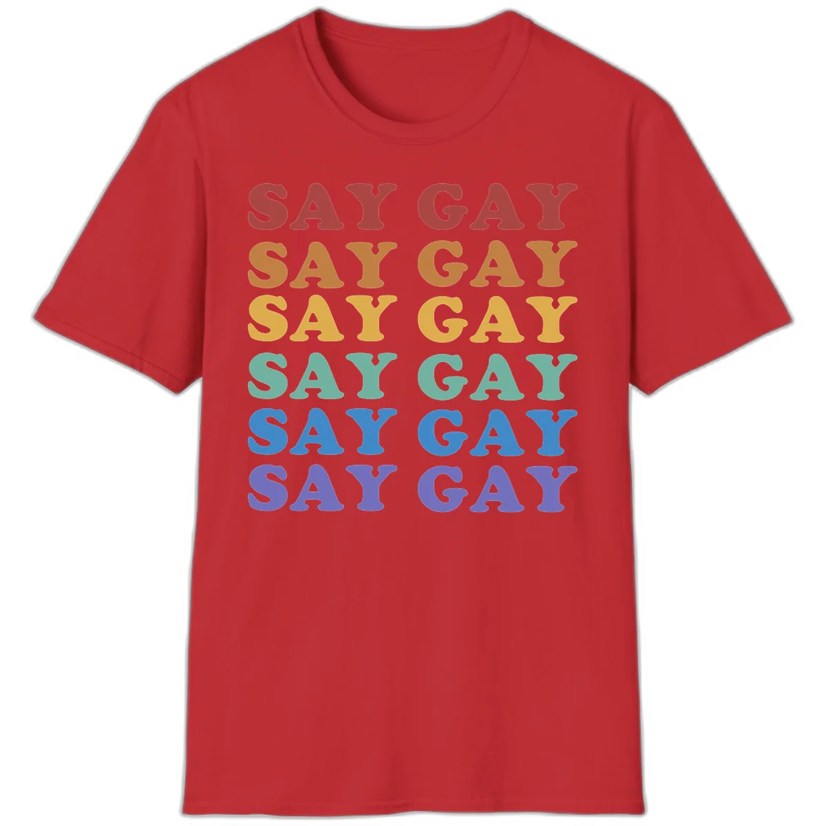 Repeating 'SAY GAY' text in rainbow colors from red to purple on gray background, pride statement design in Red
