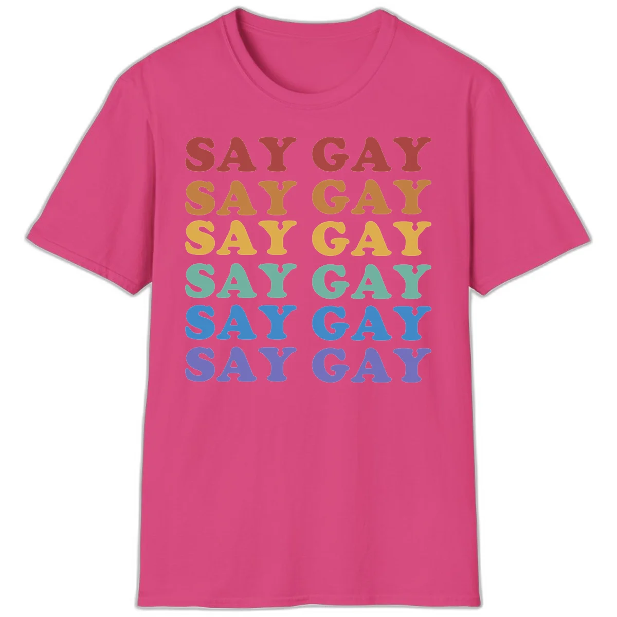 Repeating 'SAY GAY' text in rainbow colors from red to purple on gray background, pride statement design in Heliconia