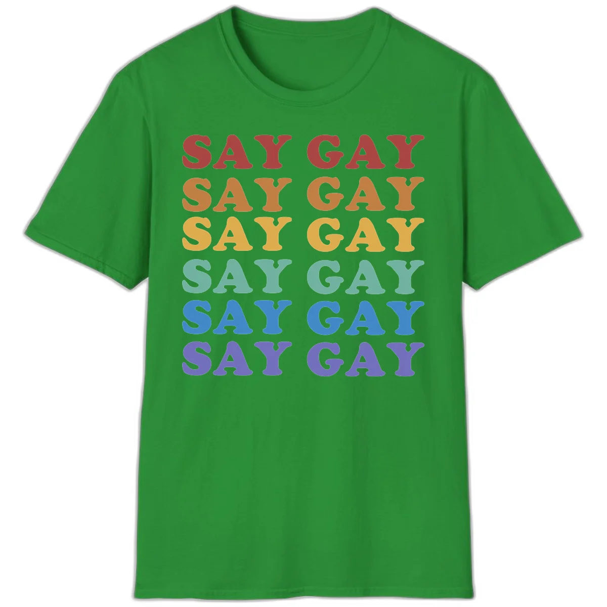 Repeating 'SAY GAY' text in rainbow colors from red to purple on gray background, pride statement design in Irish Green