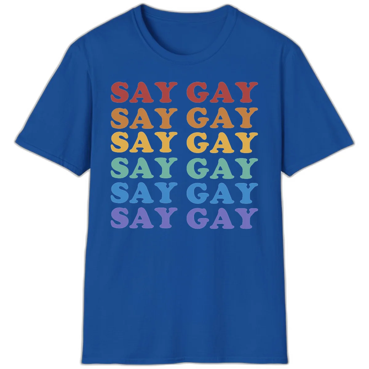 Repeating 'SAY GAY' text in rainbow colors from red to purple on gray background, pride statement design in Royal