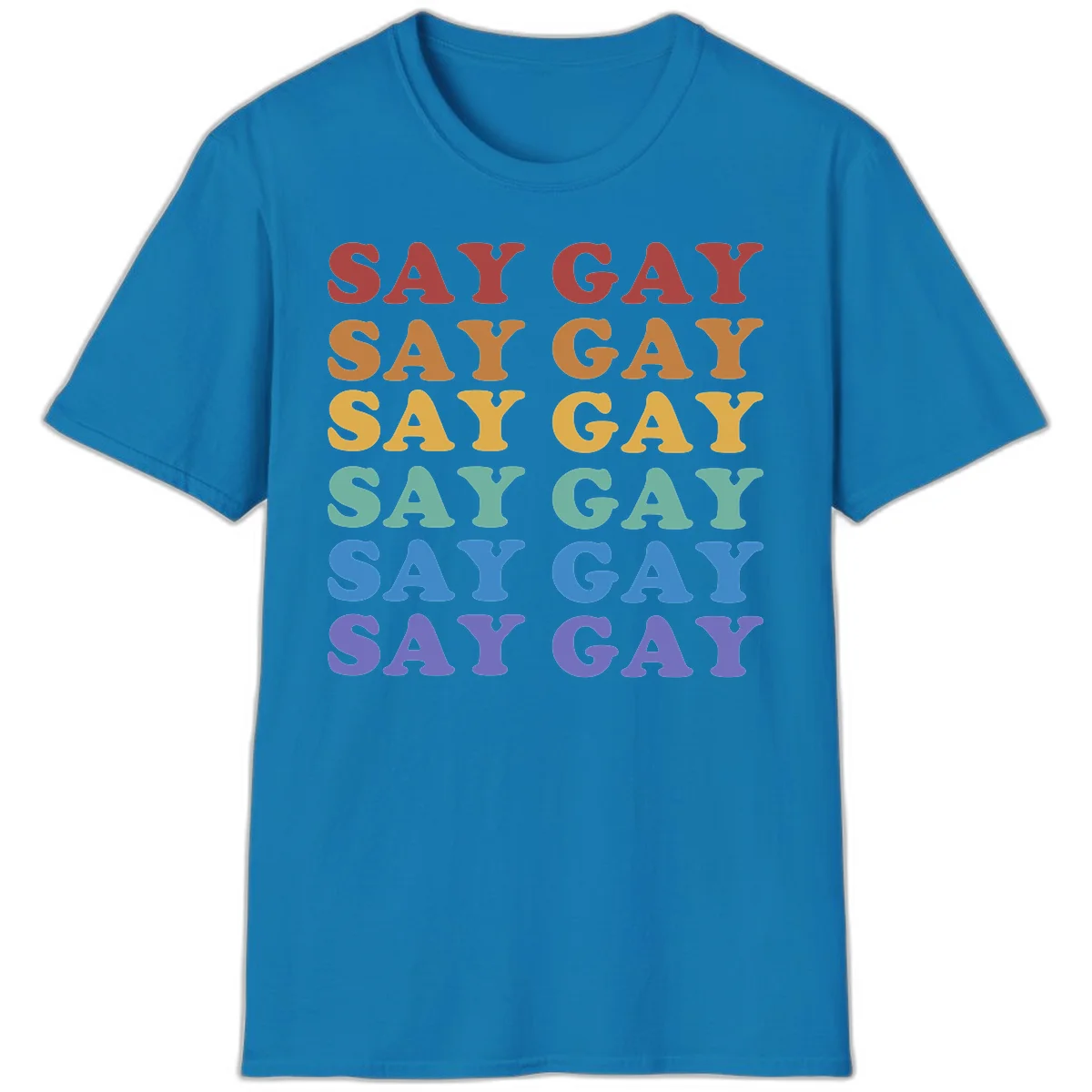 Repeating 'SAY GAY' text in rainbow colors from red to purple on gray background, pride statement design in Sapphire