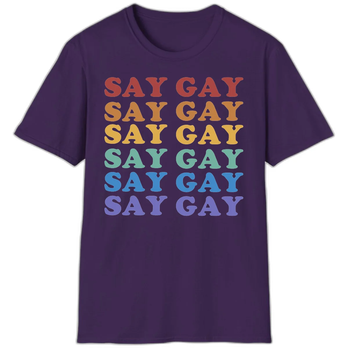 Repeating 'SAY GAY' text in rainbow colors from red to purple on gray background, pride statement design in Purple