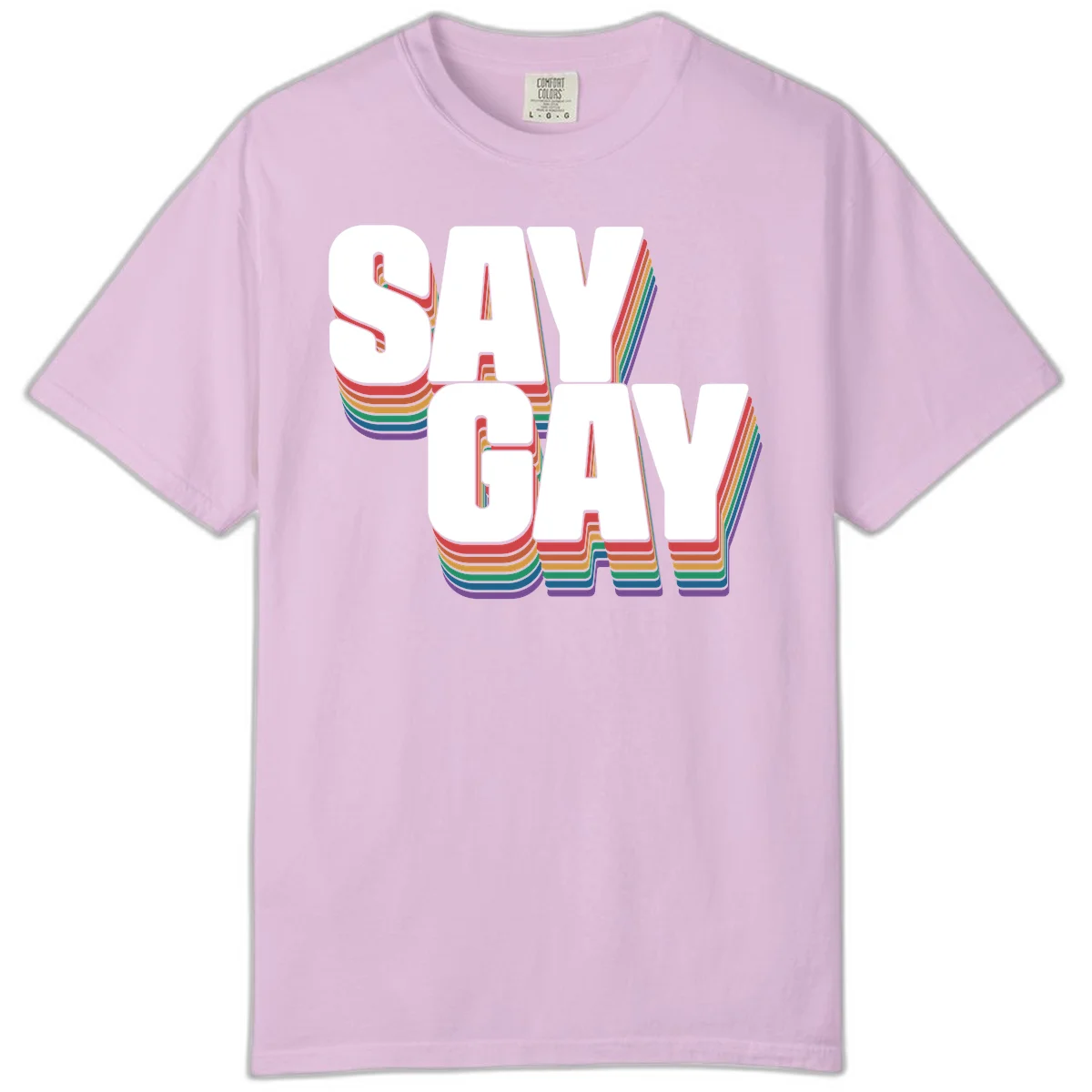 Say gay pride rainbow typography design with bold white text and vibrant layered rainbow stripes in 3D effect in Orchid