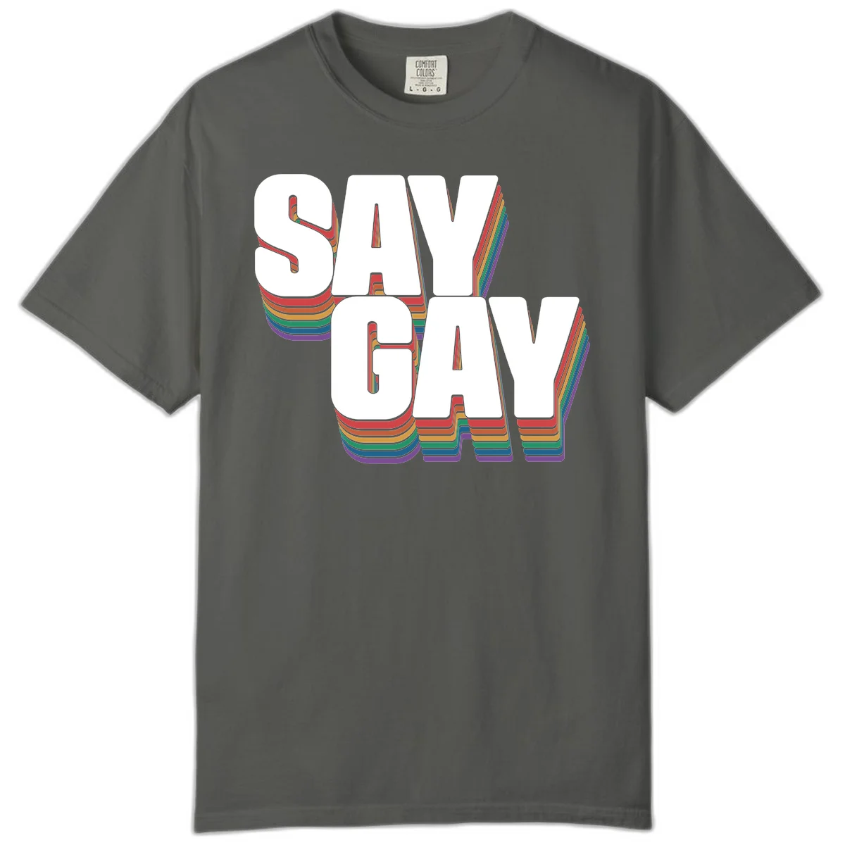 Say gay pride rainbow typography design with bold white text and vibrant layered rainbow stripes in 3D effect in Pepper