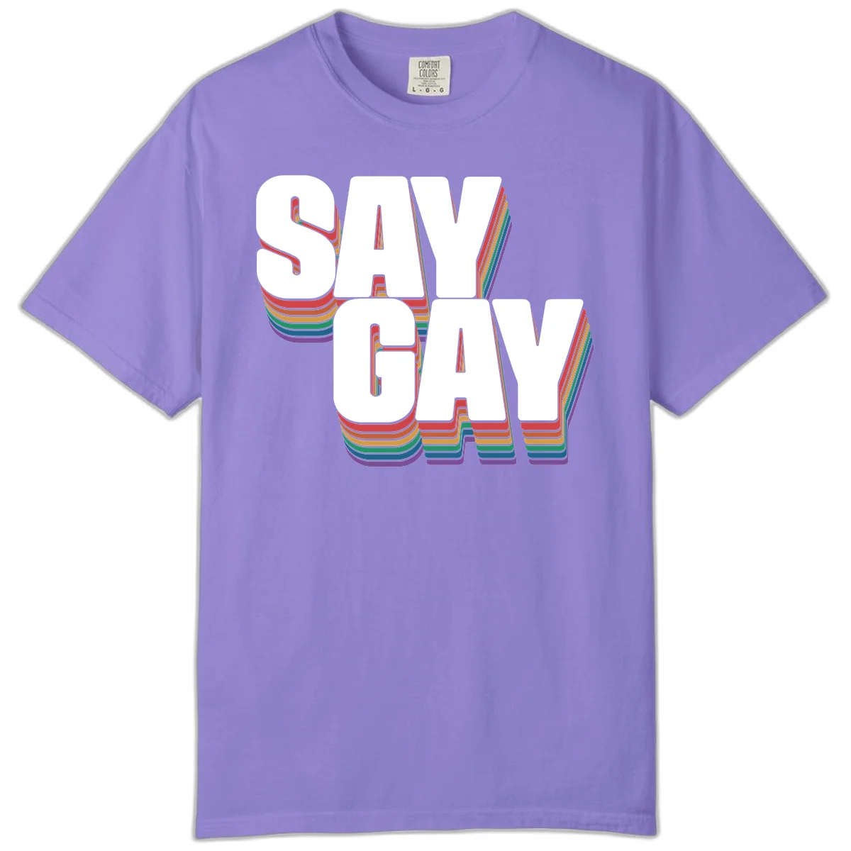 Say gay pride rainbow typography design with bold white text and vibrant layered rainbow stripes in 3D effect in Violet