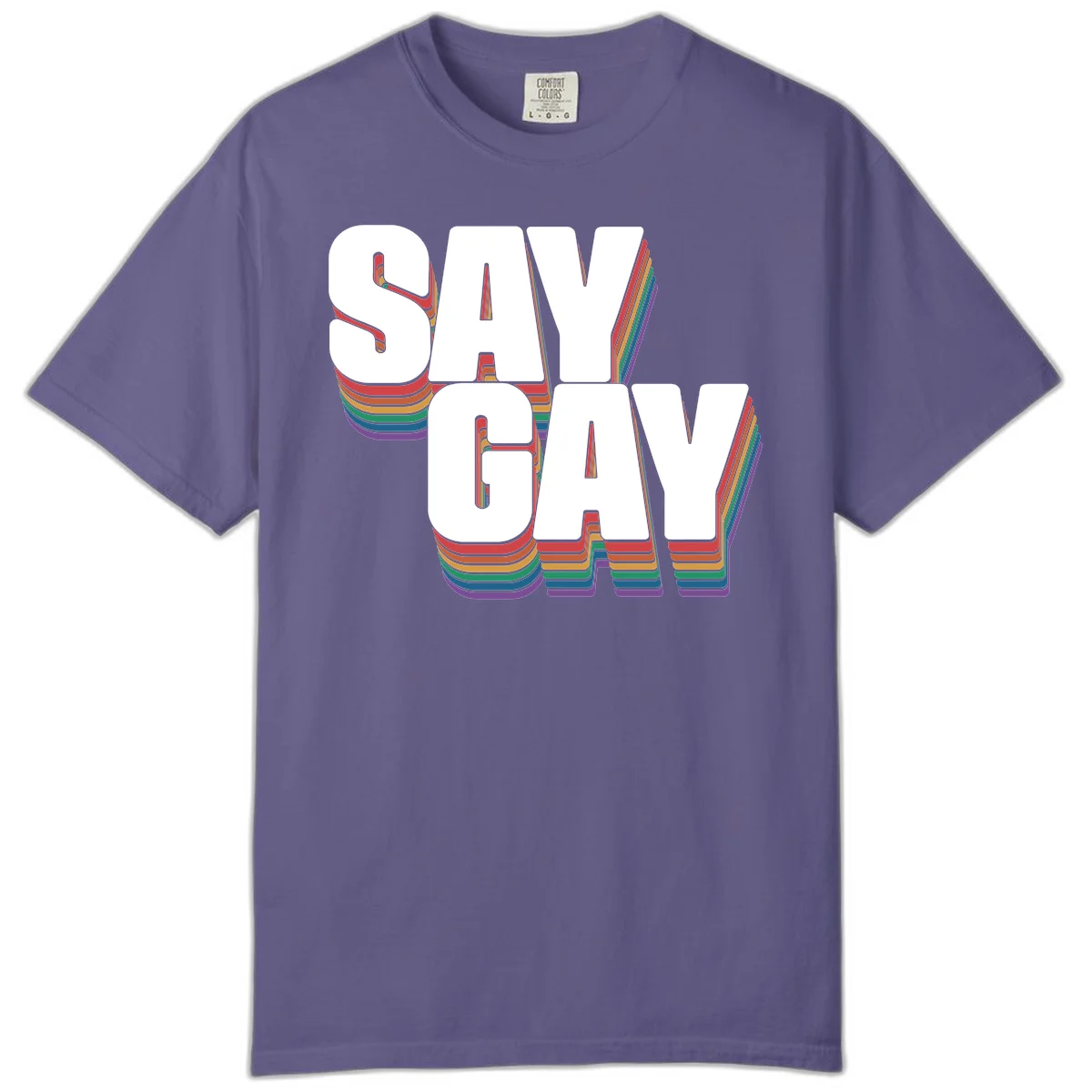 Say gay pride rainbow typography design with bold white text and vibrant layered rainbow stripes in 3D effect in Grape