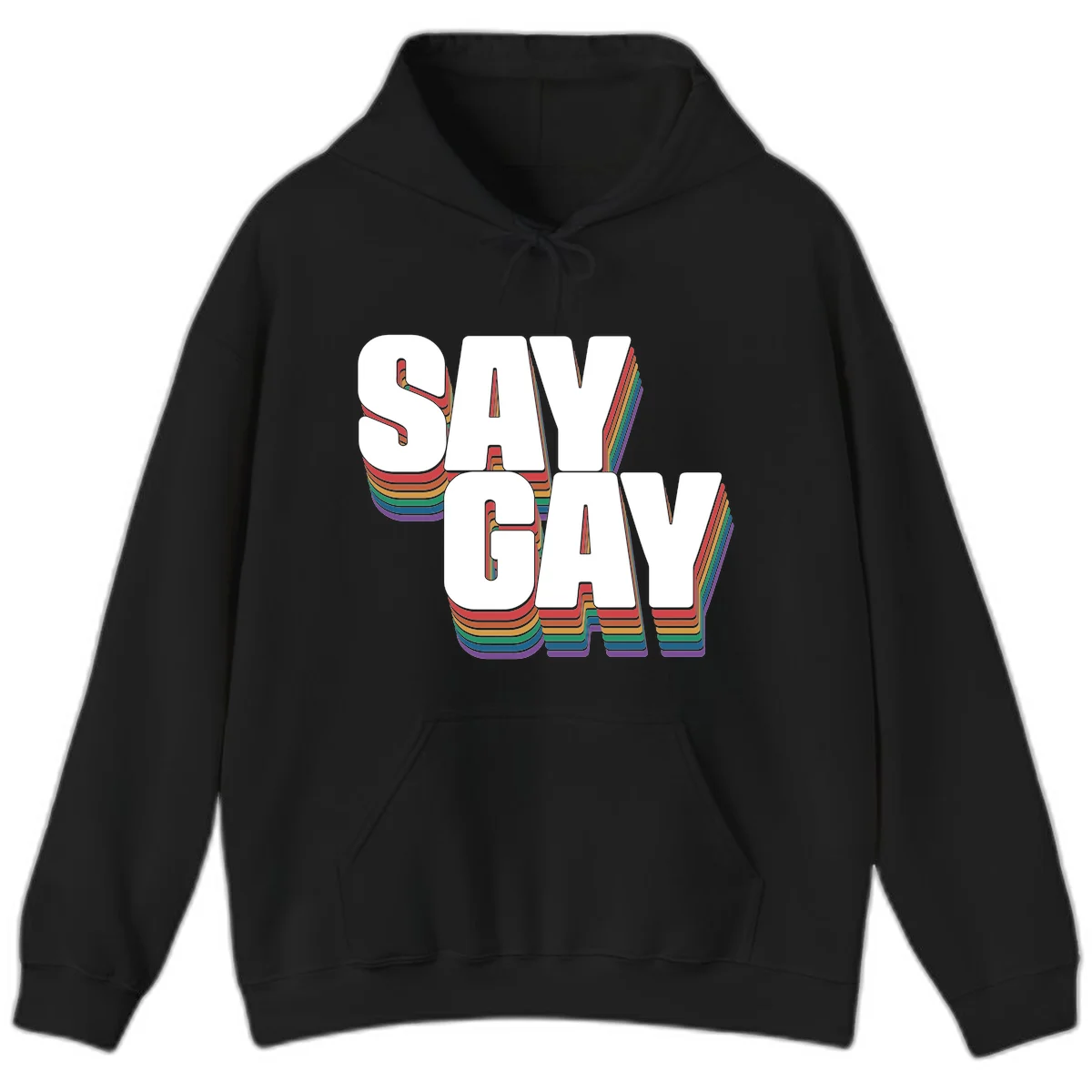 Say gay pride rainbow typography design with bold white text and vibrant layered rainbow stripes in 3D effect in Black