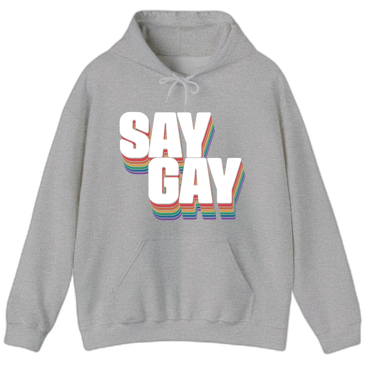 Say gay pride rainbow typography design with bold white text and vibrant layered rainbow stripes in 3D effect in Sport Grey