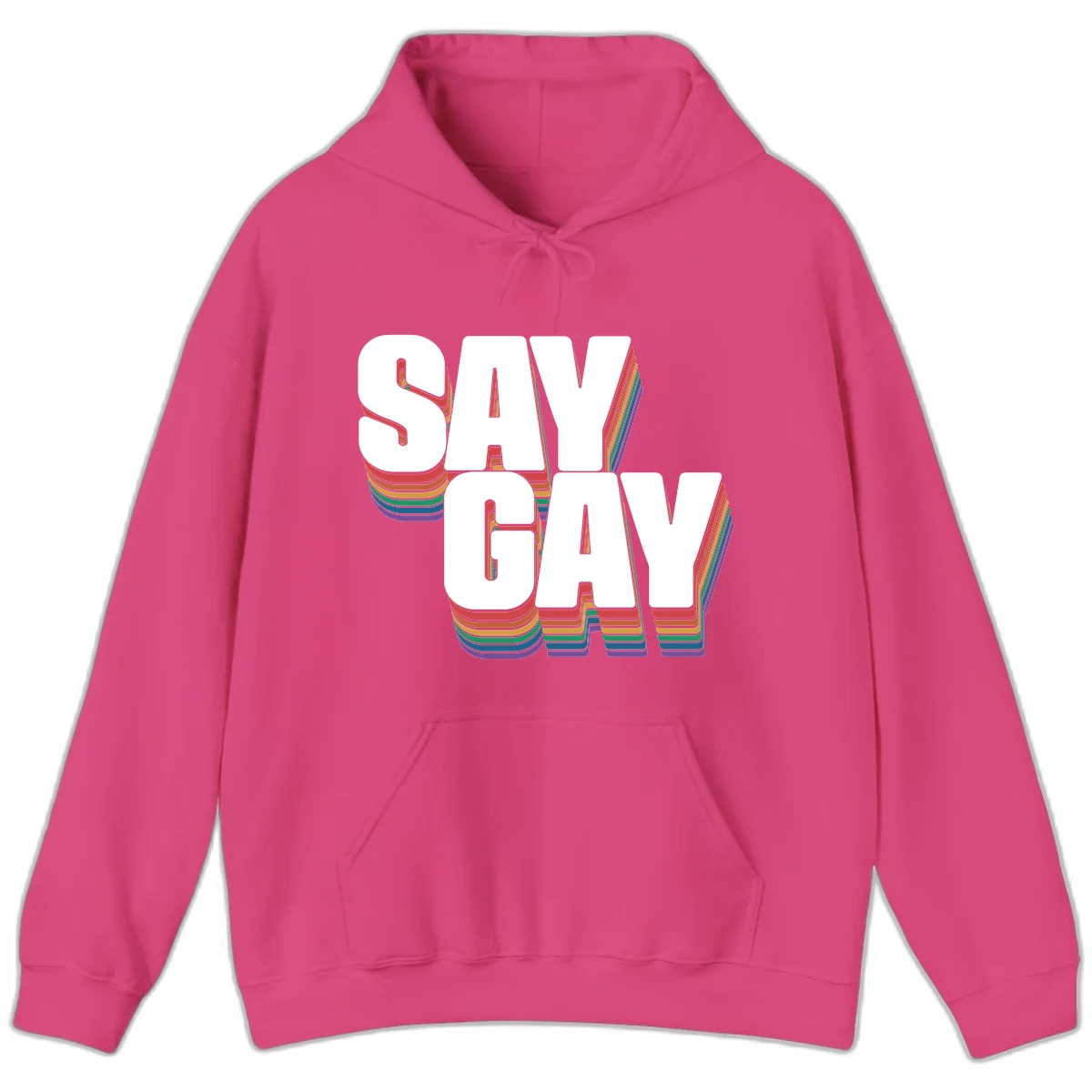 Say gay pride rainbow typography design with bold white text and vibrant layered rainbow stripes in 3D effect in Heliconia