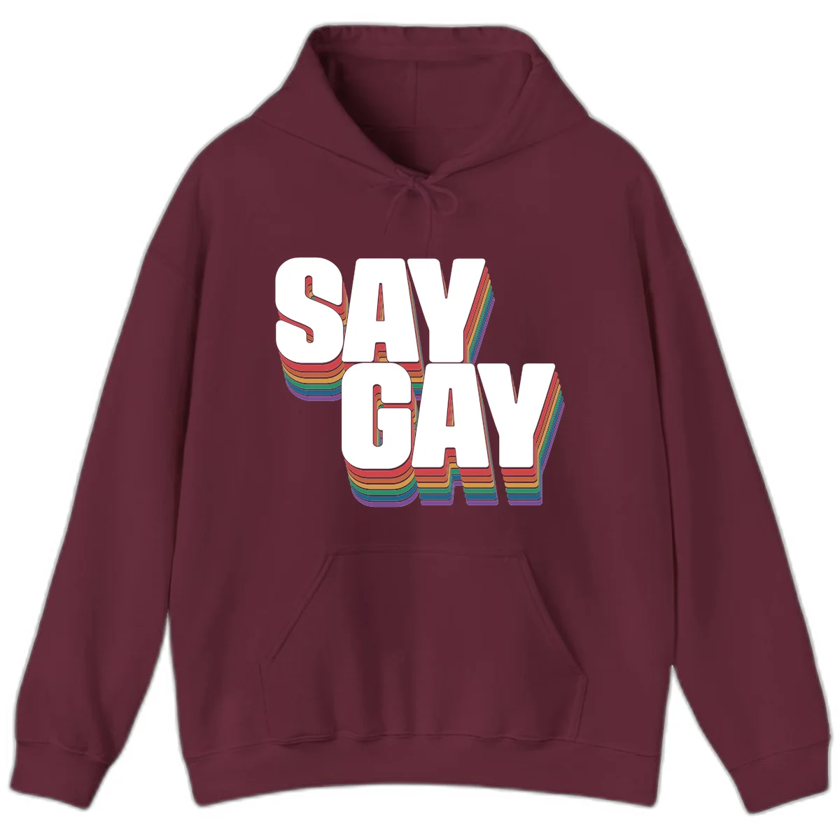 Say gay pride rainbow typography design with bold white text and vibrant layered rainbow stripes in 3D effect in Maroon